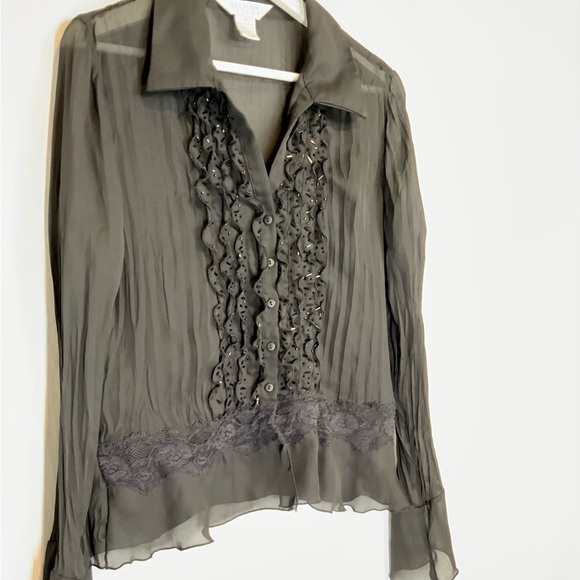 ALLISON TAYLOR - STUNNING Sheer Blouse RUFFLES LACE Button-down Sz M - BLACK - Picture 1 of 10
